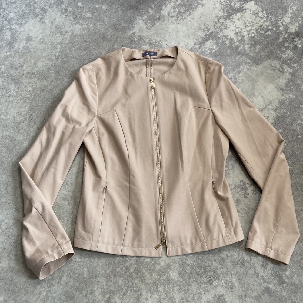 Basler Womens Size 6 Tan Collarless Blazer Zip Front Minimalist Jacket